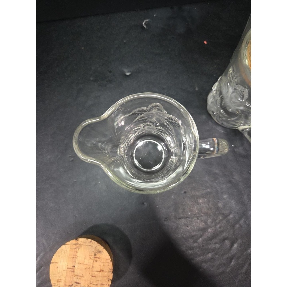 Embossed Floral Glass Pitcher‎ Set, Snub Nose Spout, Cork Top, Vintage Glassware - Picture 6 of 9